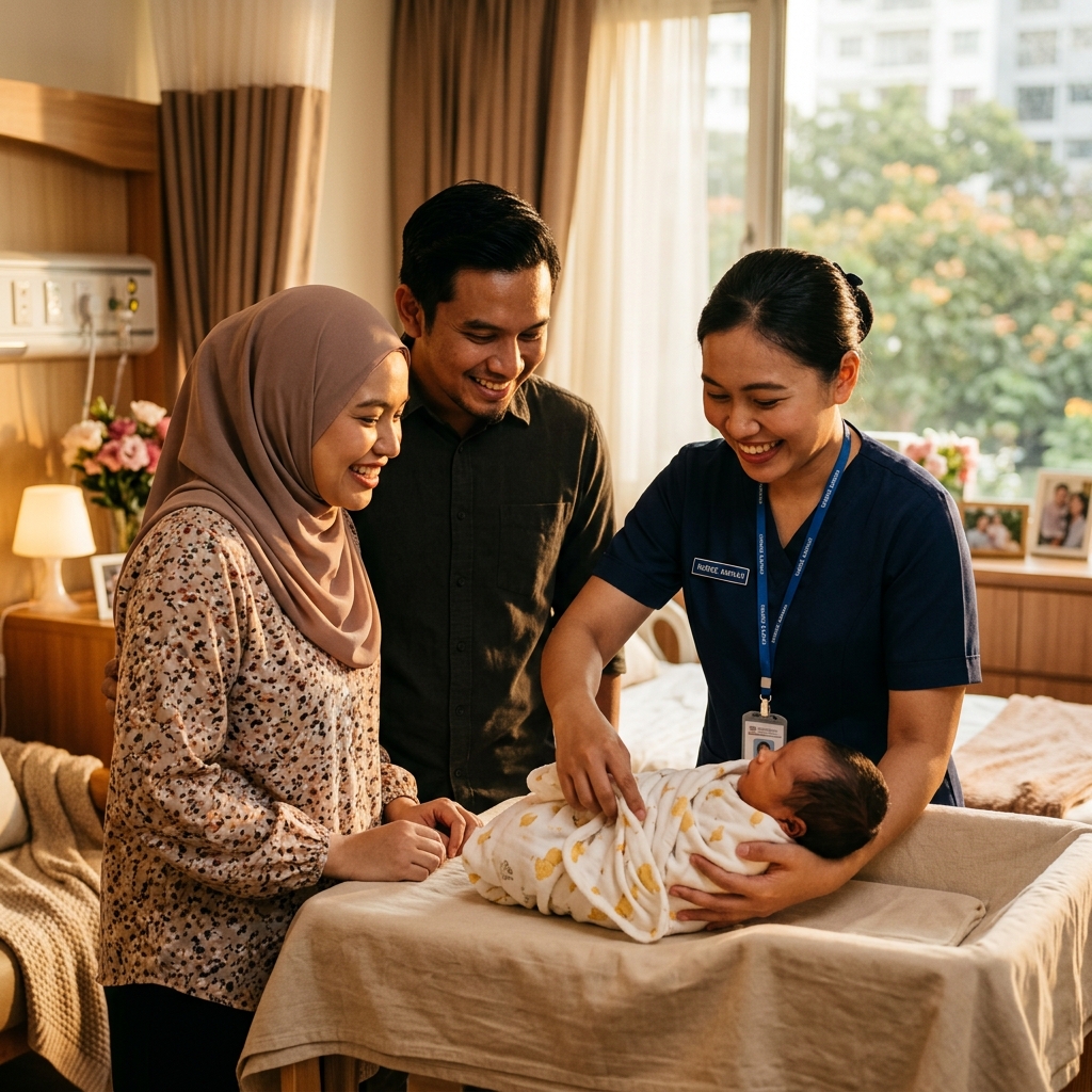 Nurse teaching parents baby care