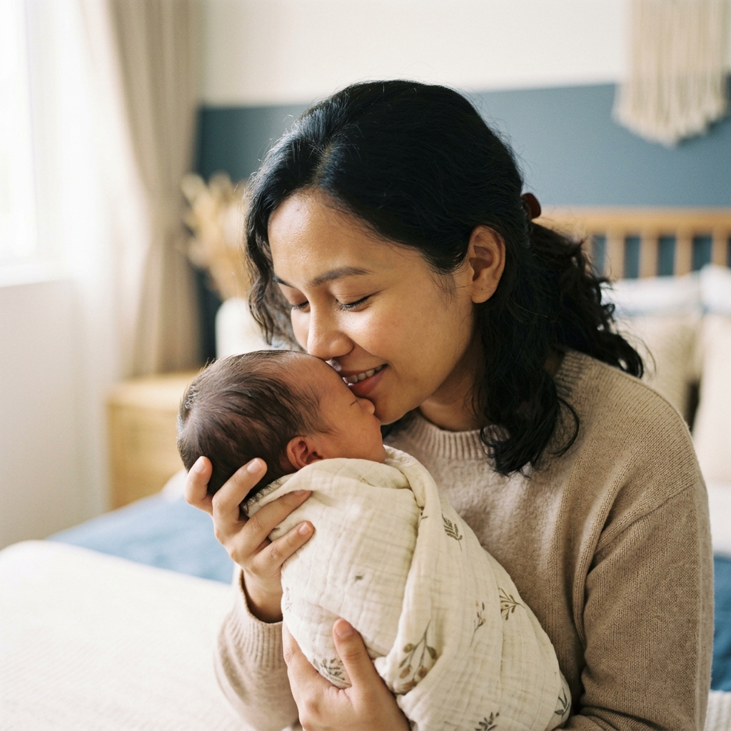 Mother tenderly kissing newborn baby